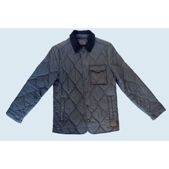 ALLSAINTS Spitafields Quilted Full Button Blue Dark Gray Barn Jacket Sz XS - Picture 2 of 8
